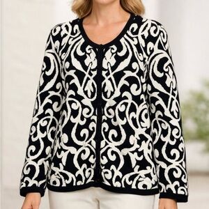 Appleseed’s Women’s Size XL Black White Damask Scroll Sweater Cardigan Knit